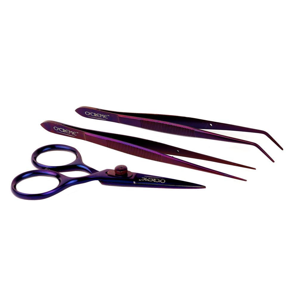 O'Creme Purple Stainless Steel Tweezers & Scissors, Set of 3