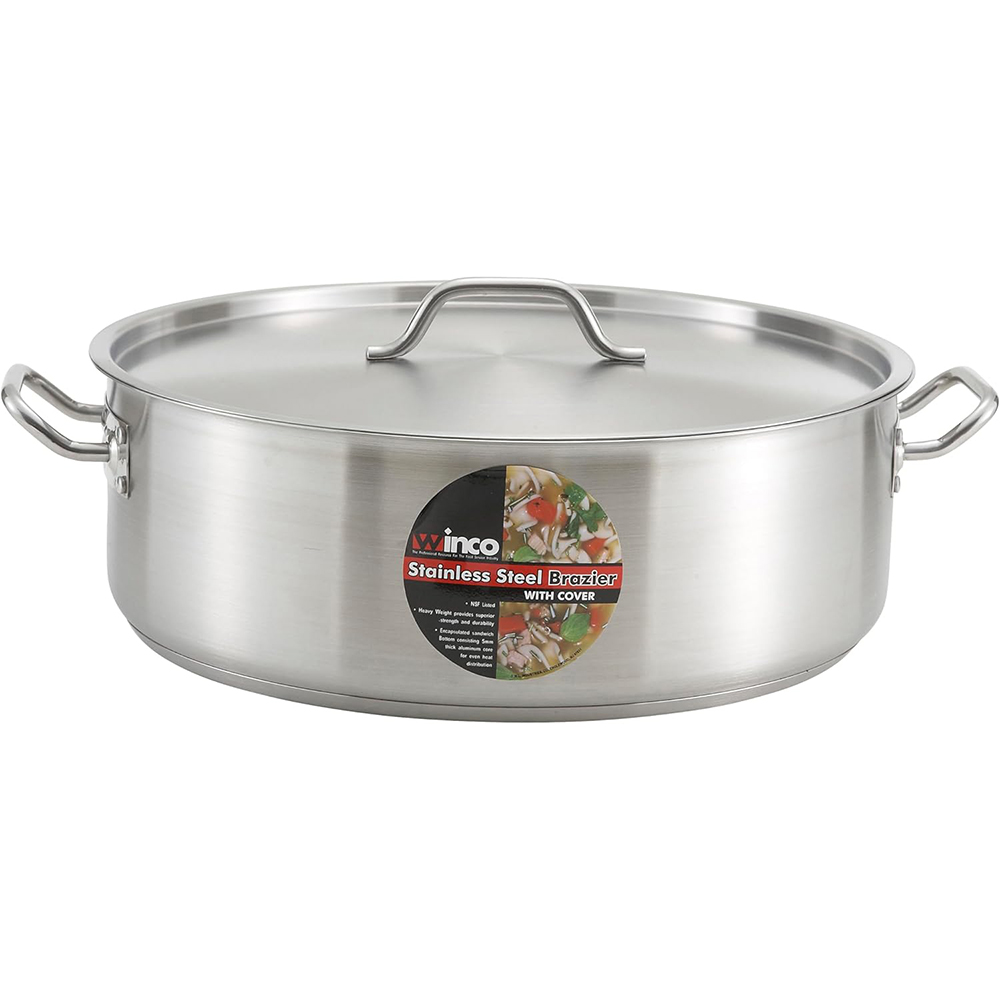 Winco 25 Quart Brazier with Cover, Stainless Steel, Used Excellent Condition
