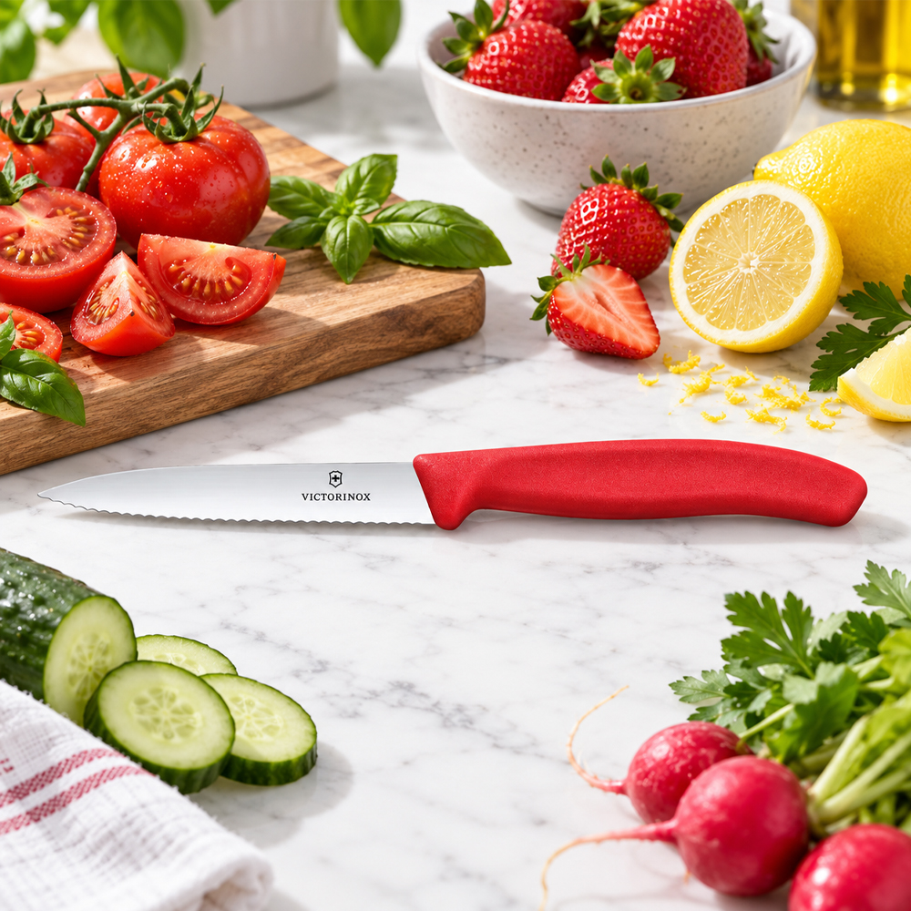 Victorinox Classic Serrated Paring Knife With Red Handle, 4" Blade - Image 1