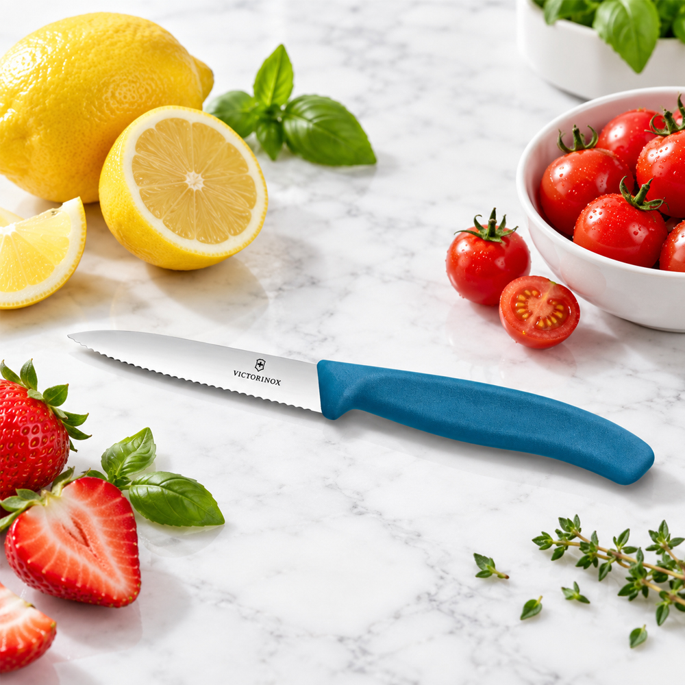 Victorinox Classic Serrated Paring Knife With Blue Handle, 4" Blade - Image 1